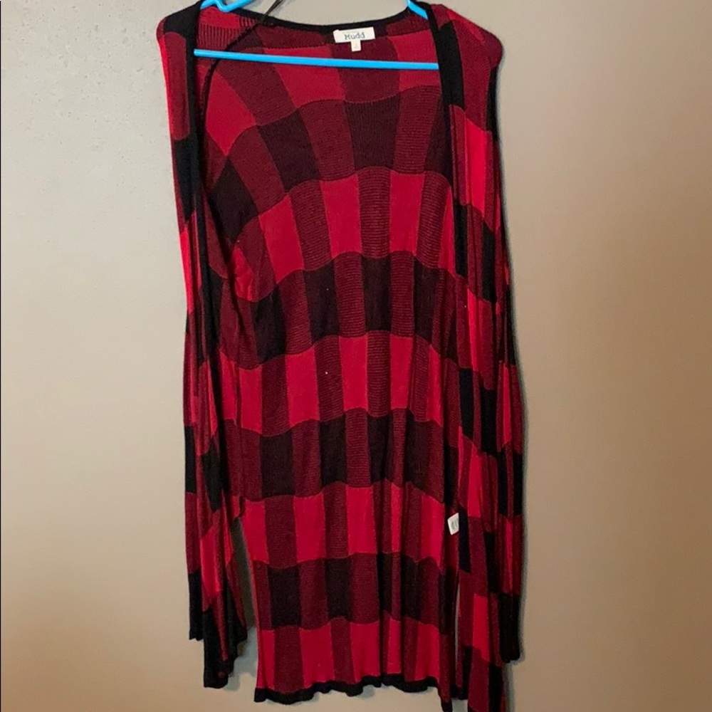 Red and black checkered cardigan